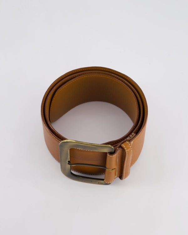 Christian Dior Brown Leather Belt with Large Brass-Toned Buckle Size L