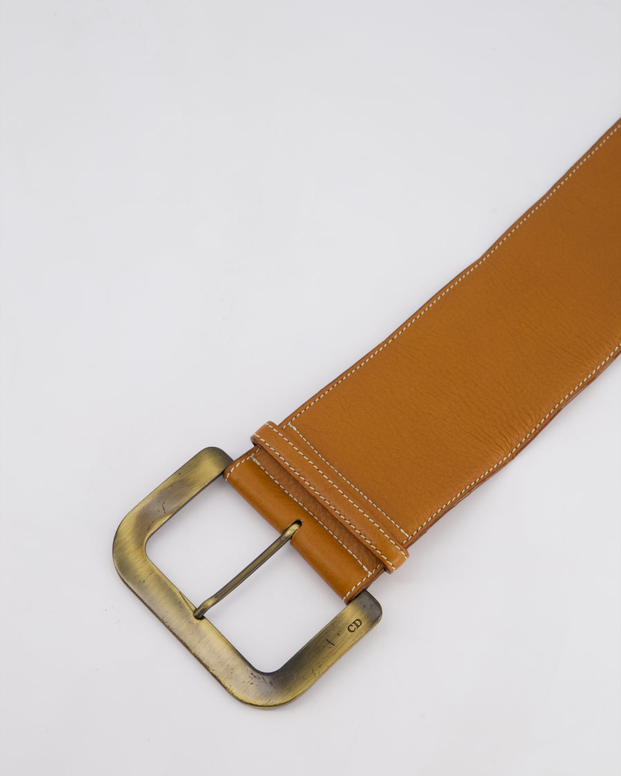 Christian Dior Wide Brown Leather Belt with Large Brass-Toned Buckle Size L