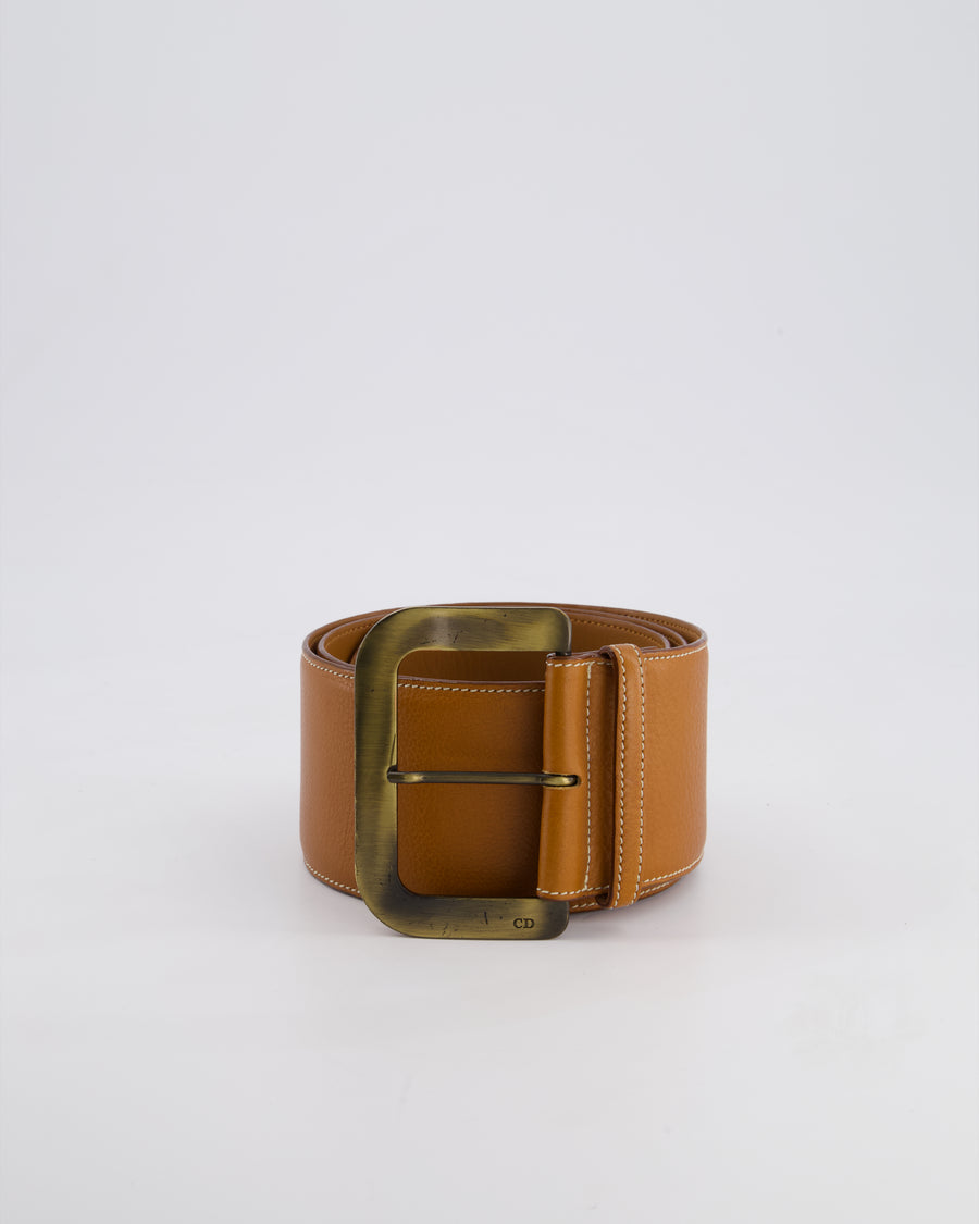 Christian Dior Wide Brown Leather Belt with Large Brass-Toned Buckle Size L