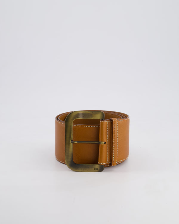Christian Dior Brown Leather Belt with Large Brass-Toned Buckle Size L