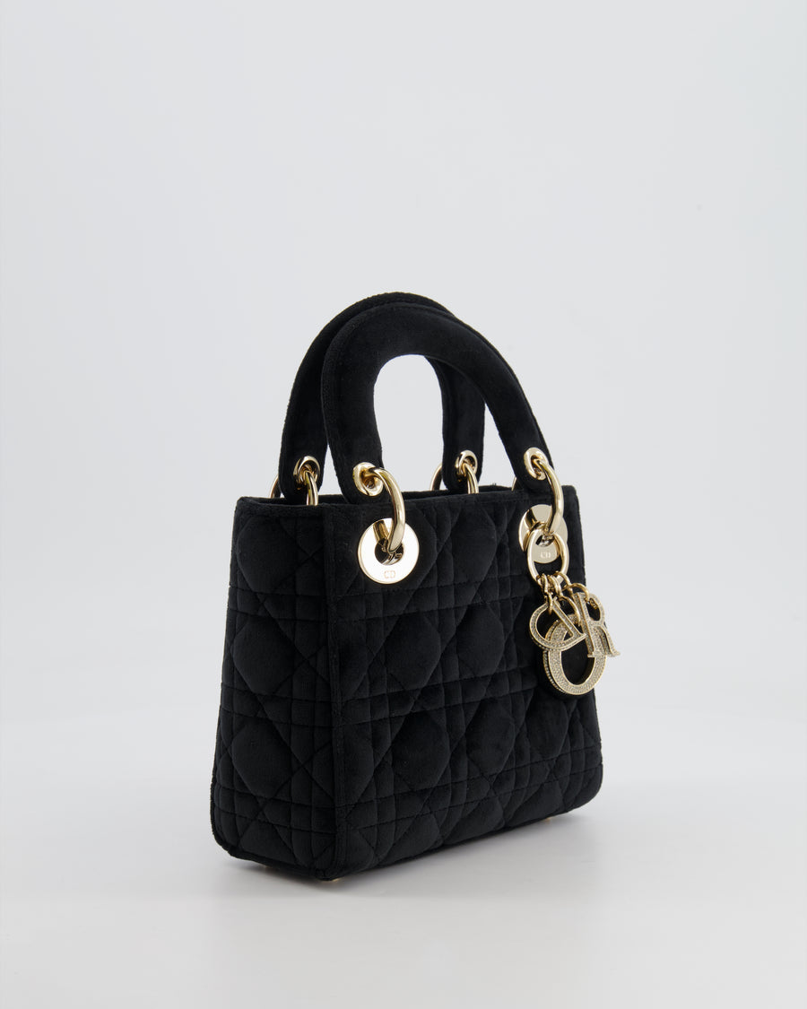 Christian Dior Black Velvet Mini Lady Dior Bag with Champagne Gold Crystal Embellished Hardware RRP £5,000