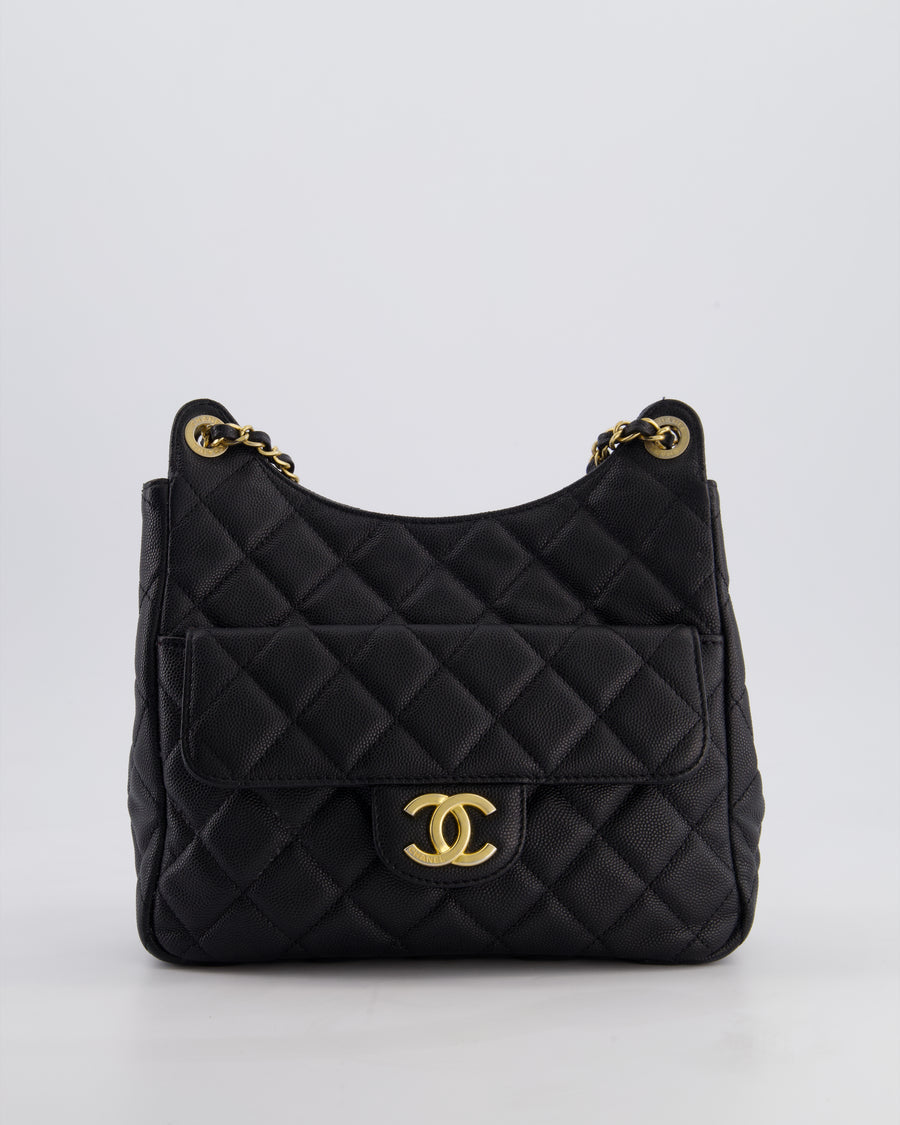 Chanel Medium Wavy CC Quilted Hobo Bag in Black Caviar Leather with Gold Hardware