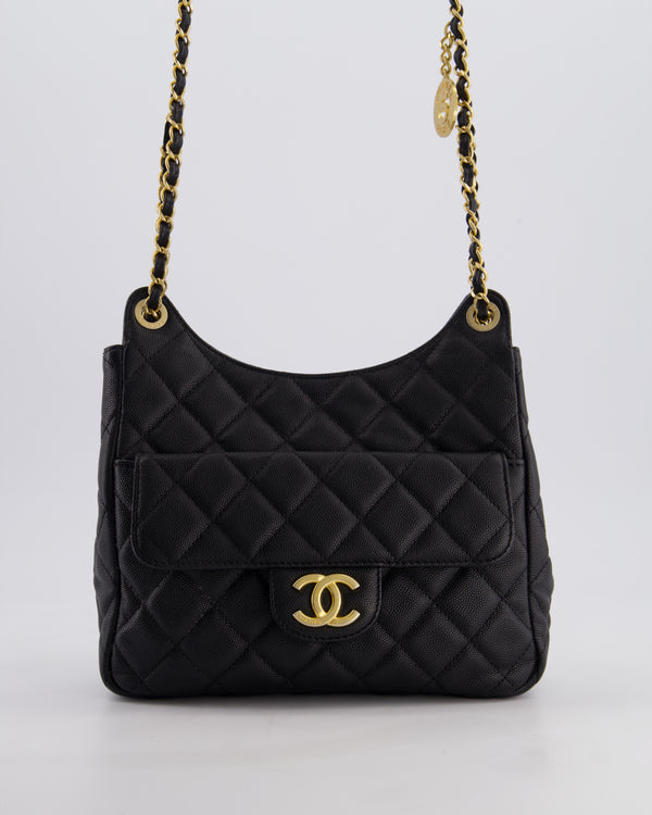 Chanel Medium Wavy CC Quilted Hobo Bag in Black Caviar Leather with Gold Hardware