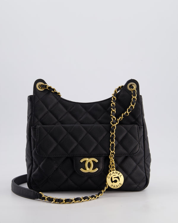 Chanel Medium Wavy CC Quilted Hobo Bag in Black Caviar Leather with Gold Hardware