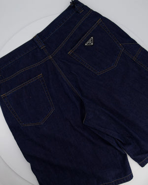 Prada Men's Dark Blue Light Denim Shorts with Logo Detail On The Back Pocket Size 34