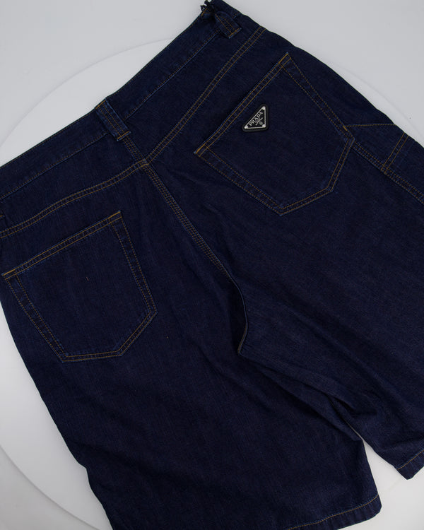 Prada Men's Dark Blue Light Denim Shorts with Logo Detail On The Back Pocket Size 34