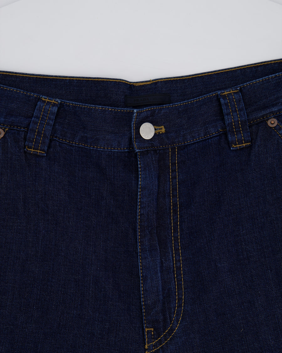 Prada Men's Dark Blue Light Denim Shorts with Logo Detail On The Back Pocket Size 34