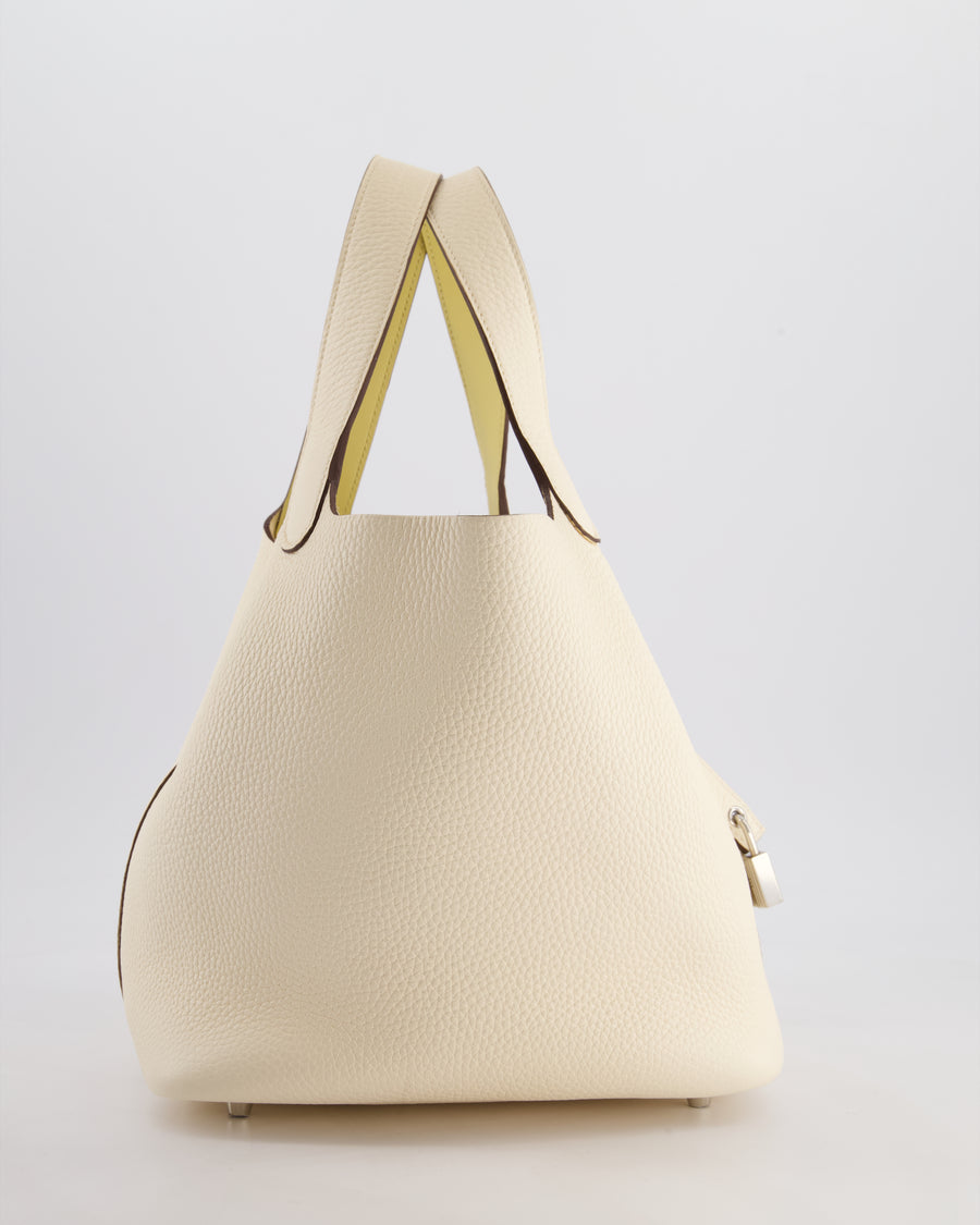 Hermes Picotin Eclat Lock 22 Bag in Nata Clemence Leather with Jaune Poussin Interior Handle & Palladium Hardware