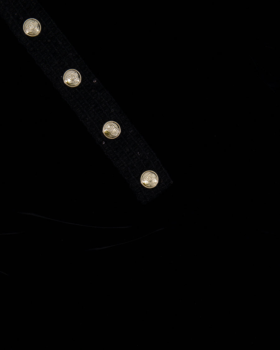 Chanel Black Velours Mini Dress with Black Tweed and Sequins Neckline Detail with Gold CC Logo Buttons Size FR 34 (UK 6)