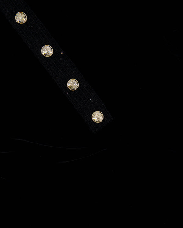 Chanel Black Velours Mini Dress with Black Tweed and Sequins Neckline Detail with Gold CC Logo Buttons Size FR 34 (UK 6)