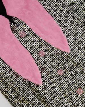 *HOT* Chanel Resort 2024 Silver Mirror Sequins Robe Coat with Detachable Pink Cloth Collar Trim and Sleeve Cuffs with Pink CC Logo Buttons Size FR 38 (UK 10)