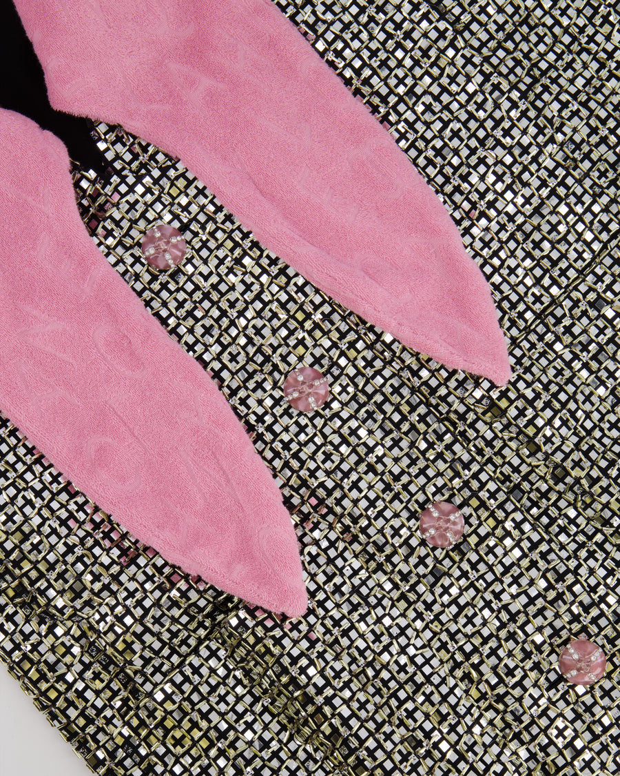 *HOT* Chanel Resort 2024 Silver Mirror Sequins Robe Coat with Detachable Pink Cloth Collar Trim and Sleeve Cuffs with Pink CC Logo Buttons Size FR 38 (UK 10)