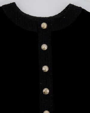 Chanel Black Velours Mini Dress with Black Tweed and Sequins Neckline Detail with Gold CC Logo Buttons Size FR 34 (UK 6)