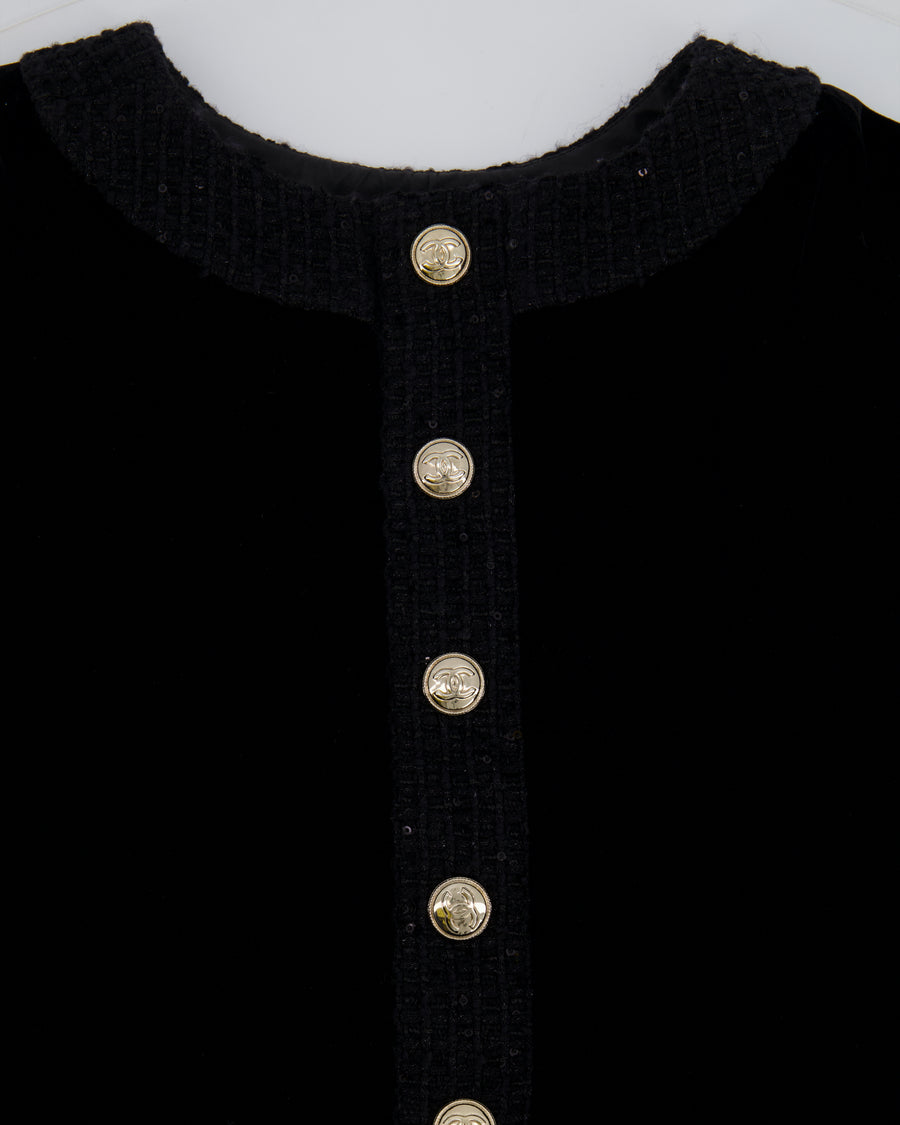 Chanel Black Velours Mini Dress with Black Tweed and Sequins Neckline Detail with Gold CC Logo Buttons Size FR 34 (UK 6)
