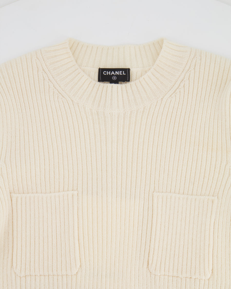Chanel Cream Knit Wool Jumper with Gold Bag Charm Sleeve Details Size FR 38 (UK 10)