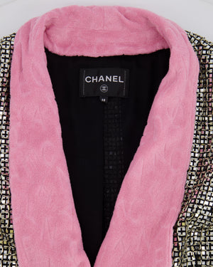 *HOT* Chanel Resort 2024 Silver Mirror Sequins Robe Coat with Detachable Pink Cloth Collar Trim and Sleeve Cuffs with Pink CC Logo Buttons Size FR 38 (UK 10)