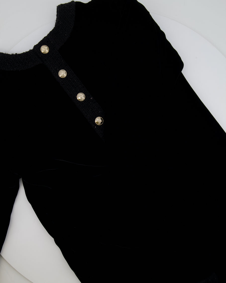 Chanel Black Velours Mini Dress with Black Tweed and Sequins Neckline Detail with Gold CC Logo Buttons Size FR 34 (UK 6)