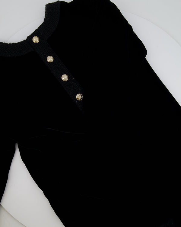 Chanel Black Velours Mini Dress with Black Tweed and Sequins Neckline Detail with Gold CC Logo Buttons Size FR 34 (UK 6)