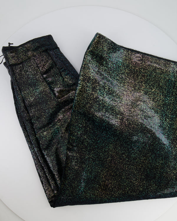Chanel Black Sequins and Green Iridescent Wide Leg Trousers with CC Logo Detail Size FR 34 (UK 6)