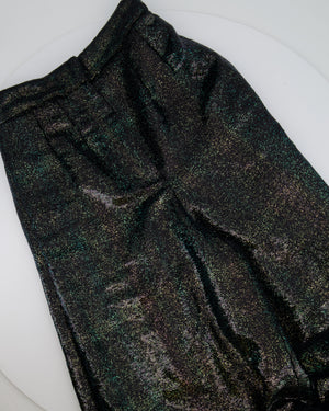 Chanel Black Sequins and Green Iridescent Wide Leg Trousers with CC Logo Detail Size FR 34 (UK 6)