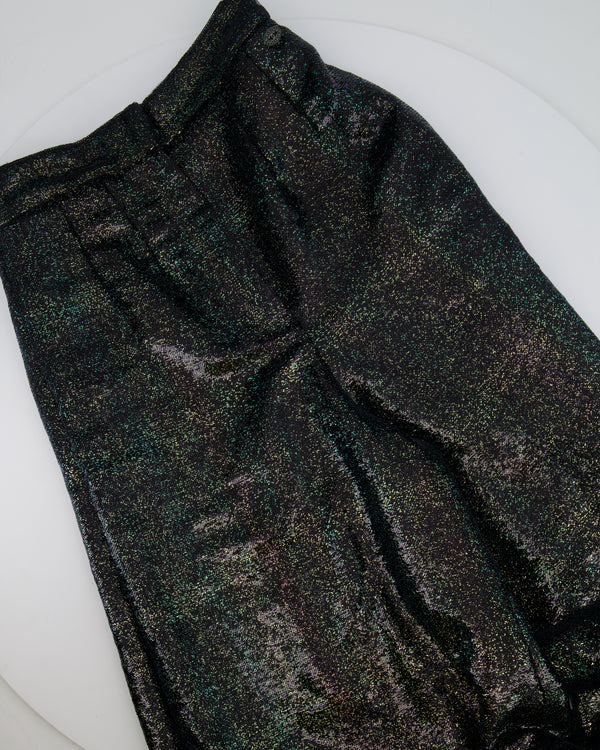 Chanel Black Sequins and Green Iridescent Wide Leg Trousers with CC Logo Detail Size FR 34 (UK 6)