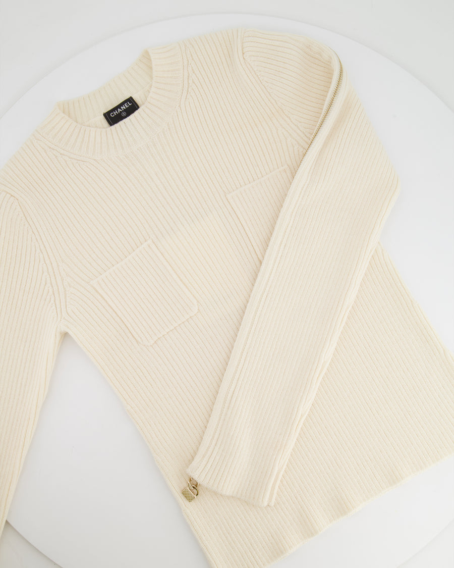 Chanel Cream Knit Wool Jumper with Gold Bag Charm Sleeve Details Size FR 38 (UK 10)
