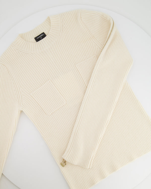 Chanel Cream Knit Wool Jumper with Gold Bag Charm Sleeve Details Size FR 38 (UK 10)