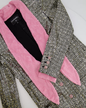 *HOT* Chanel Resort 2024 Silver Mirror Sequins Robe Coat with Detachable Pink Cloth Collar Trim and Sleeve Cuffs with Pink CC Logo Buttons Size FR 38 (UK 10)