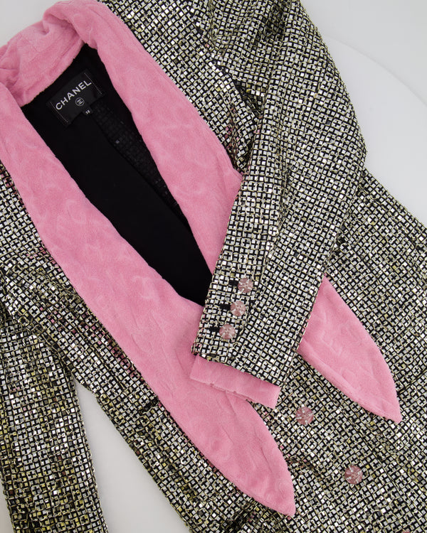 *HOT* Chanel Resort 2024 Silver Mirror Sequins Robe Coat with Detachable Pink Cloth Collar Trim and Sleeve Cuffs with Pink CC Logo Buttons Size FR 38 (UK 10)