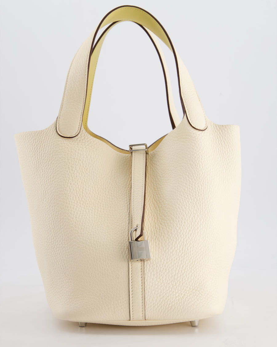 Hermes Picotin Eclat Lock 22 Bag in Nata Clemence Leather with Jaune Poussin Interior Handle & Palladium Hardware
