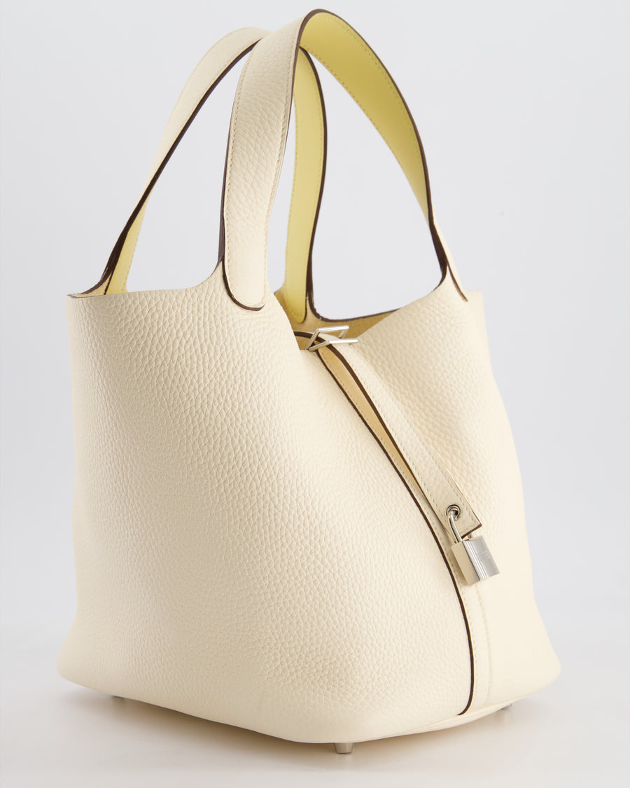 Hermes Picotin Eclat Lock 22 Bag in Nata Clemence Leather with Jaune Poussin Interior Handle & Palladium Hardware