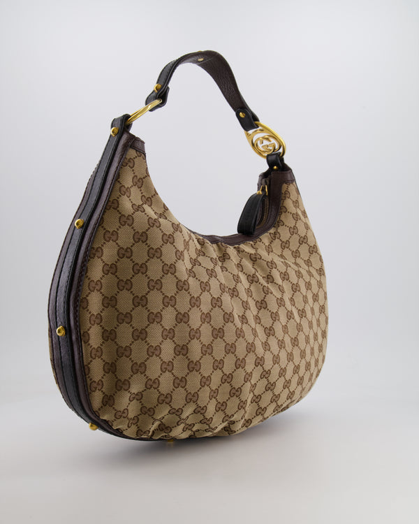 Gucci Beige Hobo Bag in GG Monogram Canvas with Brown Leather Handle and Gold Hardware GG Logo Detail