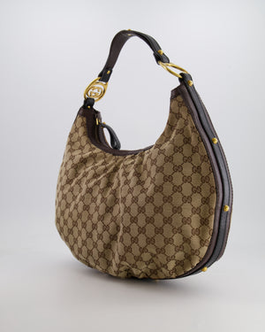 Gucci Beige Hobo Bag in GG Monogram Canvas with Brown Leather Handle and Gold Hardware GG Logo Detail