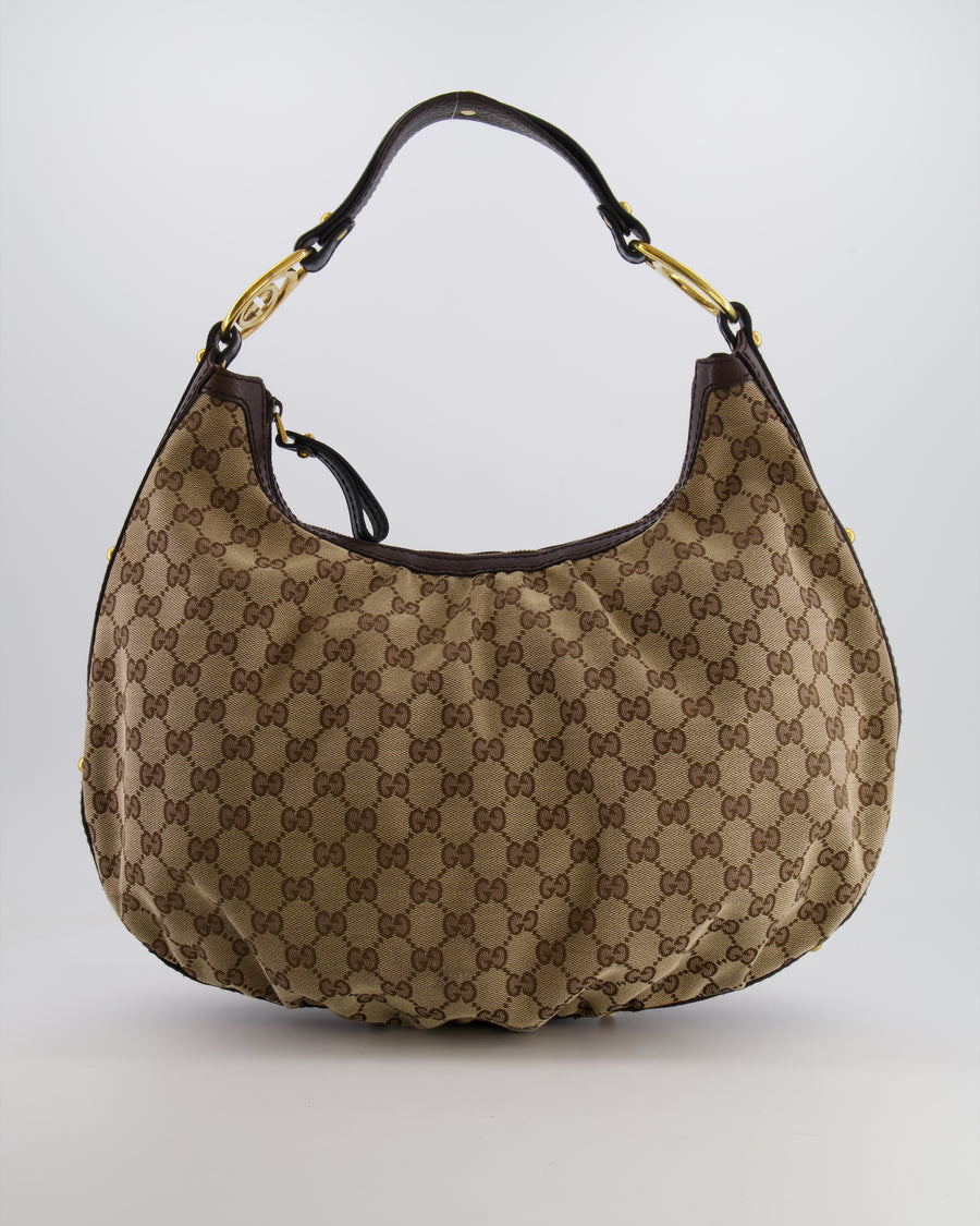 Gucci Beige Hobo Bag in GG Monogram Canvas with Brown Leather Handle and Gold Hardware GG Logo Detail