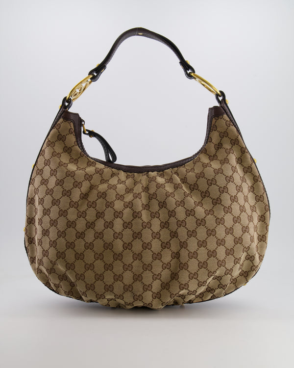 Gucci Beige Hobo Bag in GG Monogram Canvas with Brown Leather Handle and Gold Hardware GG Logo Detail