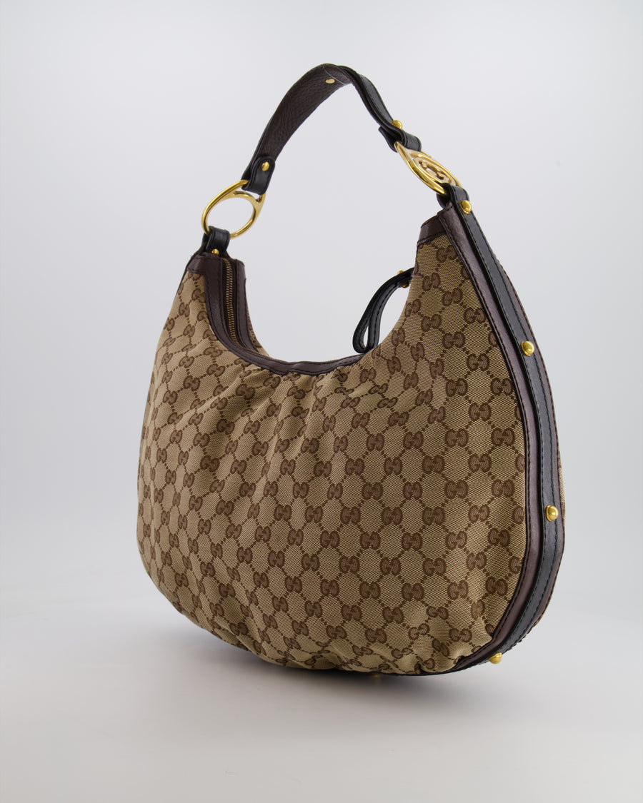 Gucci Beige Hobo Bag in GG Monogram Canvas with Brown Leather Handle and Gold Hardware GG Logo Detail