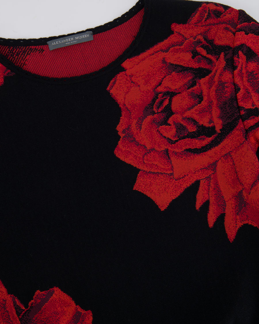 Alexander McQueen Black Short-Sleeve Dress with Red Floral Prints Size IT 40 (UK 8)