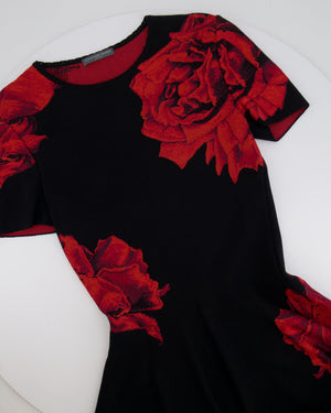 Alexander McQueen Black Short-Sleeve Dress with Red Floral Prints Size IT 40 (UK 8)
