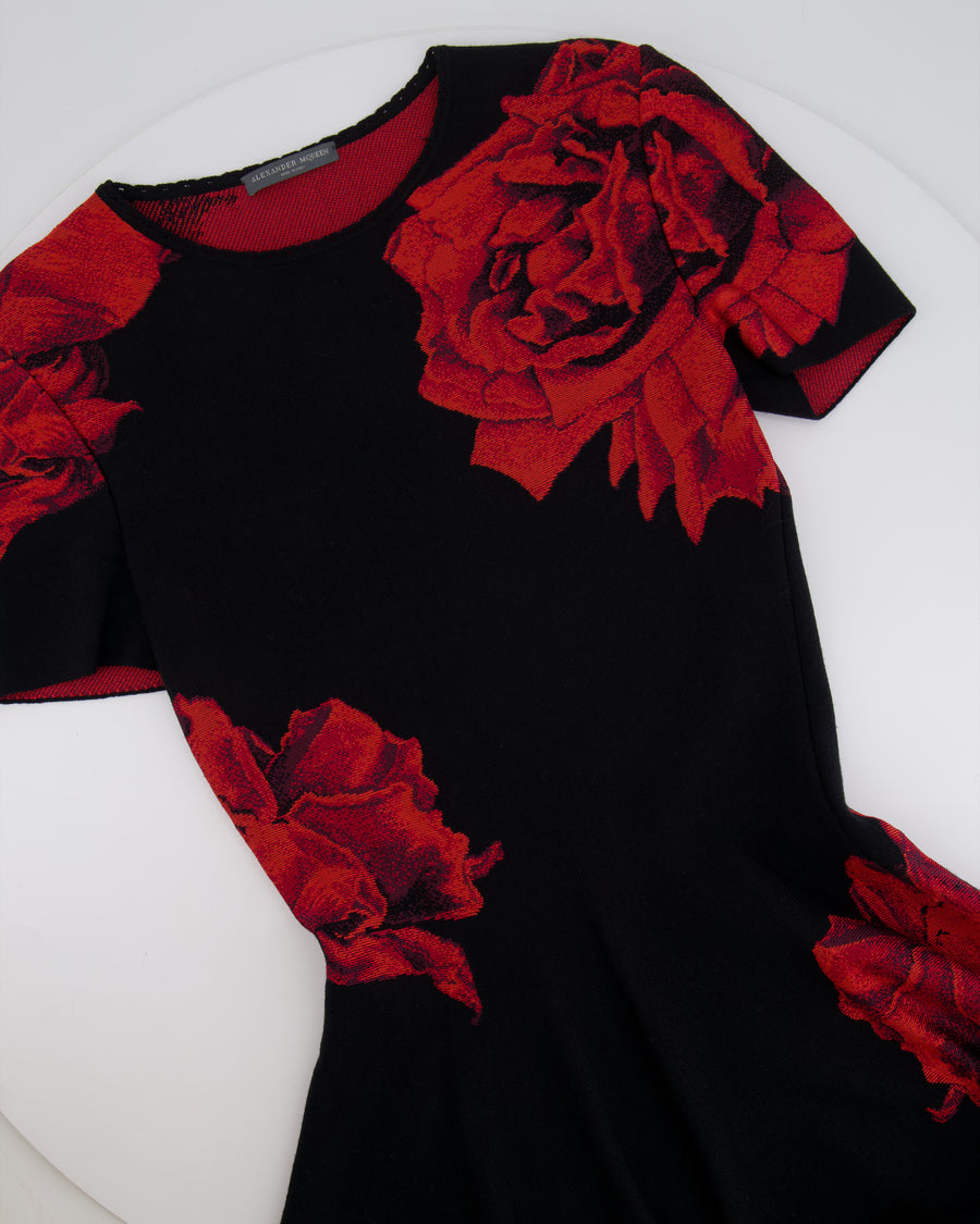 Alexander McQueen Black Short-Sleeve Dress with Red Floral Prints Size IT 40 (UK 8)