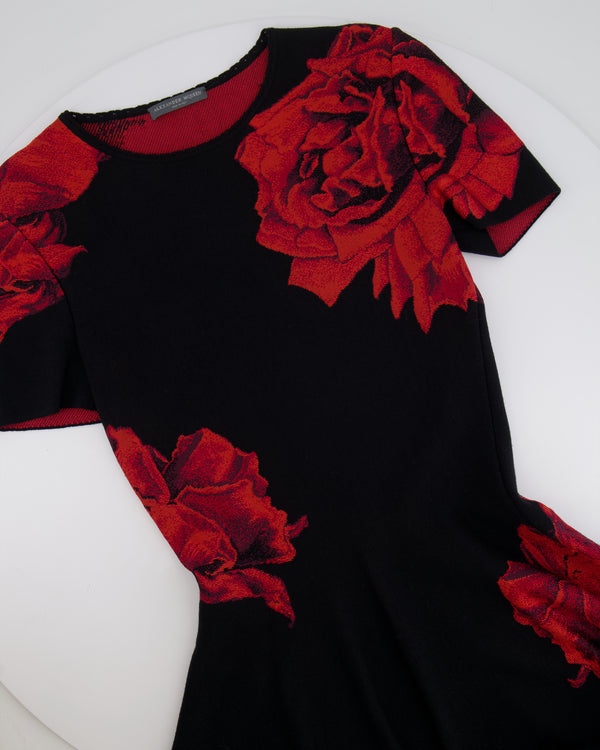 Alexander McQueen Black Short-Sleeve Dress with Red Floral Prints Size IT 40 (UK 8)