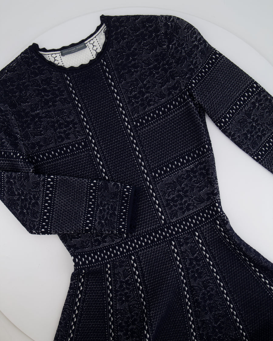 Alexander McQueen Navy and White Embroidered Long-Sleeve Mini Dress Size IT 40 (UK 8)