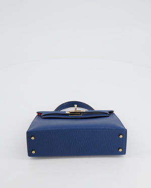 *RARE* Hermès Mini Kelly HSS II 20 Verso Bag In Deep Blue Chèvre Mysore Leather with Orange Poppy Interior and Permabrass Hardware
