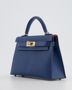 *RARE* Hermès Mini Kelly HSS II 20 Verso Bag In Deep Blue Chèvre Mysore Leather with Orange Poppy Interior and Permabrass Hardware