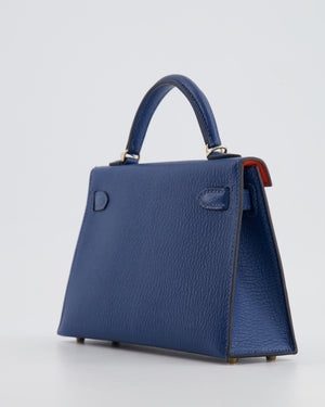*RARE* Hermès Mini Kelly HSS II 20 Verso Bag In Deep Blue Chèvre Mysore Leather with Orange Poppy Interior and Permabrass Hardware
