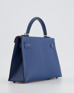 *RARE* Hermès Mini Kelly HSS II 20 Verso Bag In Deep Blue Chèvre Mysore Leather with Orange Poppy Interior and Permabrass Hardware