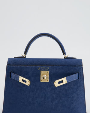 *RARE* Hermès Mini Kelly HSS II 20 Verso Bag In Deep Blue Chèvre Mysore Leather with Orange Poppy Interior and Permabrass Hardware