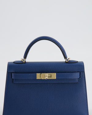*RARE* Hermès Mini Kelly HSS II 20 Verso Bag In Deep Blue Chèvre Mysore Leather with Orange Poppy Interior and Permabrass Hardware