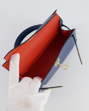 *RARE* Hermès Mini Kelly HSS II 20 Verso Bag In Deep Blue Chèvre Mysore Leather with Orange Poppy Interior and Permabrass Hardware