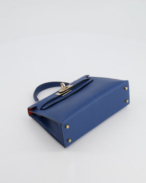 *RARE* Hermès Mini Kelly HSS II 20 Verso Bag In Deep Blue Chèvre Mysore Leather with Orange Poppy Interior and Permabrass Hardware