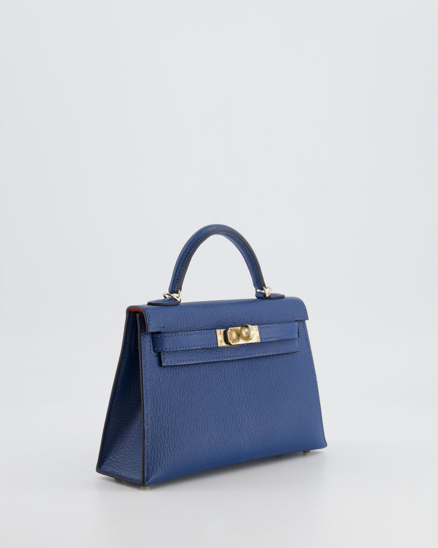 *RARE* Hermès Mini Kelly HSS II 20 Verso Bag In Deep Blue Chèvre Mysore Leather with Orange Poppy Interior and Permabrass Hardware